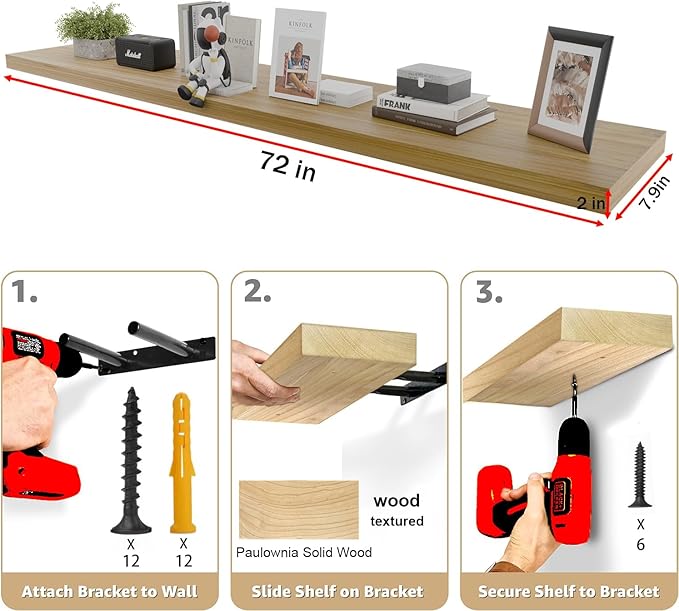 IAE Floating Wall Shelves 72 inch,Bathroom Shelves Wall Mounted,Invisible Shelves Floating Kitchen Shelves,Wooden Wall Shelves with Brackets for Living Room Wall Mounted,Easy Install,Set of 2,Natural
