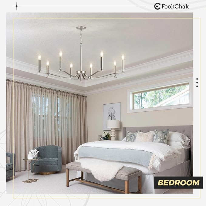 Nickel Chandeliers for Dining Room, 8-Light Chandelier Light Fixture Over Table Modern Candle Chandelier 44in Master Bedroom Chandeliers Lighting for Entry Foyer Bathtub Living Room
