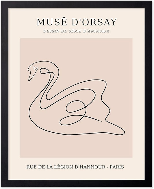 Poster Master Vintage Poster - Retro One Line Swan Drawing Print - Swan Art - Bird Art - Minimal Gift for Her, Animal Lover - Abstract Decor for Home, Office, Bedroom, 11x14 Black Framed