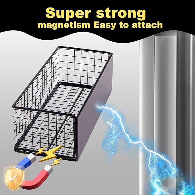 Magnetic Basket, Magnetic Shelf for Fridge, Magnetic Spice Rack Wire Mesh Magnetic organizer Holder Accessories for Office Kitchen Classroom Storage, Black-High, 9.44" x 4" x 3.14"