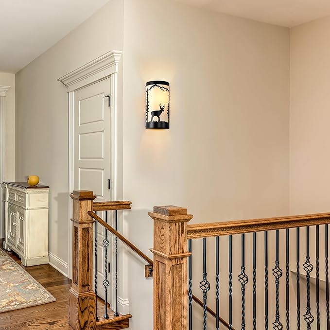 Wall Light Fixtures,Deer Cream White Parchment Rustic Wall Sconces,Farmhouse E26 Base Wall Sconce Light,Industrial Metal Black Sconce,Wall Lamps for Bedroom,Living Room,Hallway,Stairway