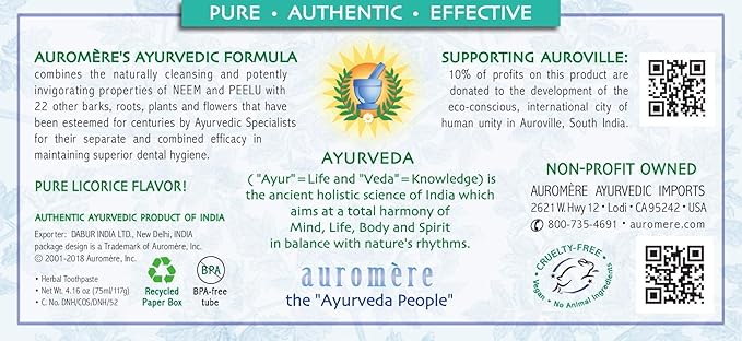 Auromere Ayurvedic Herbal Toothpaste, Mint Free - Vegan, Natural, Non GMO, Fluoride Free, Gluten Free, with Neem & Peelu (4.16 oz), 3 Pack