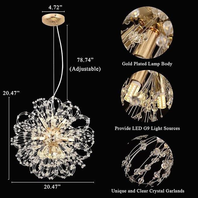 Modern Dandelion Chandelier, Sputnik Crystal Beaded Ceiling Lamp with Gold Finish, Round Sunflower Pendant Light Fixtures for Dining Room Bedroom Foyer Farmhouse (Gold 12Lights)