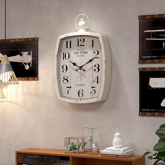 Menterry Rectangle Retro Large Wall Clock, Old-Fashioned Vintage Design, White Antique Style, Battery Operated Silent Decor Wall Clocks for Farmhouse,Kitchen,Office (15.5" H x 10.2" W)