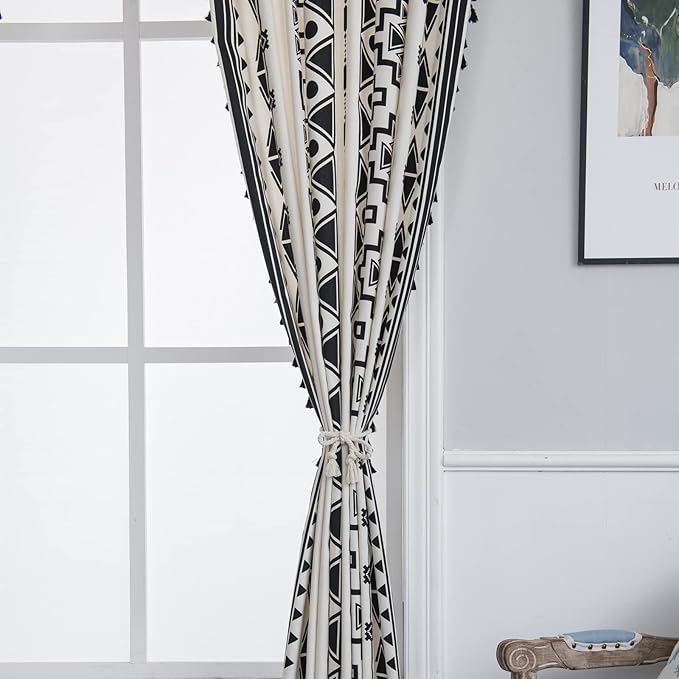 Sutuo Home Black and White Boho Curtain 84 Inches Length for Bedroom, Printed Cotton Linen Geometric Rod Pocket Chic Semi Blackout Bohemian Tassels Window Treatment, 1 Panel 59" W x 84" L
