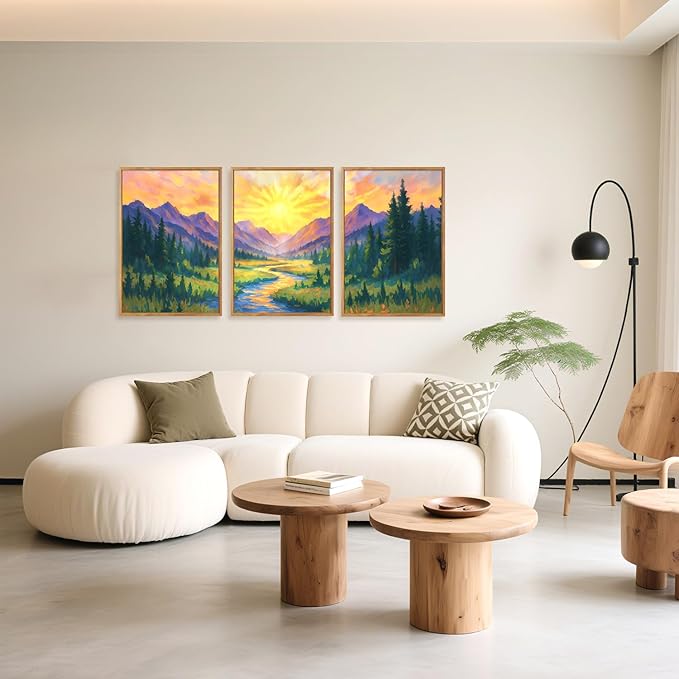 HPNIUB Vintage Mountain Framed Canvas Wall Art Set, Boho Sunrise Art Prints, Forest Nature Wilderness Art Paintings, Modern Farmhouse Pine Tree Wall Decor for Living Room Bedroom, Office- 16"x24"x3