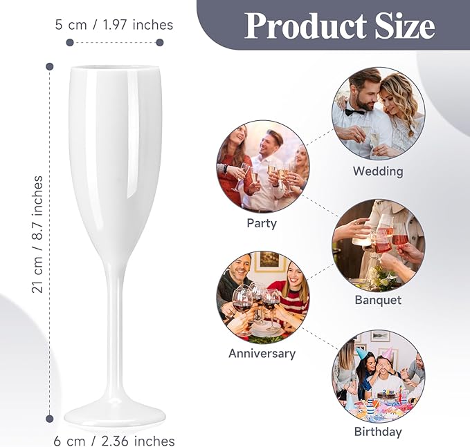 XUWAIDSGN Acrylic Champagne Flutes Toasting Glasses Unbreakable Mimosa Bar Reusable Wine Glasses Vintage Champagne Flutes Stemmed Drinking Cups 5.4 OZ for Christmas Birthday (100, white)
