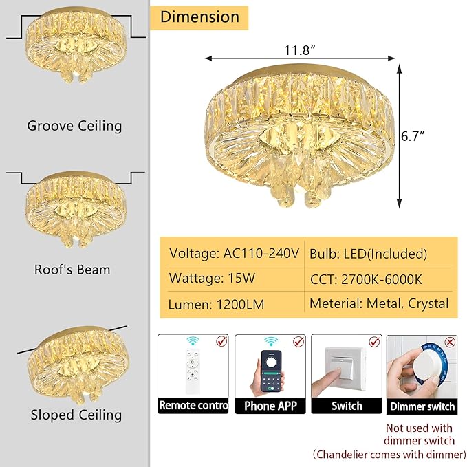 Mini Chandelier Modern Crystal Chandeliers for Hallway LED Flush Mount Ceiling Light Dimmable Light Fixture for Dining Room Living Room Bedroom