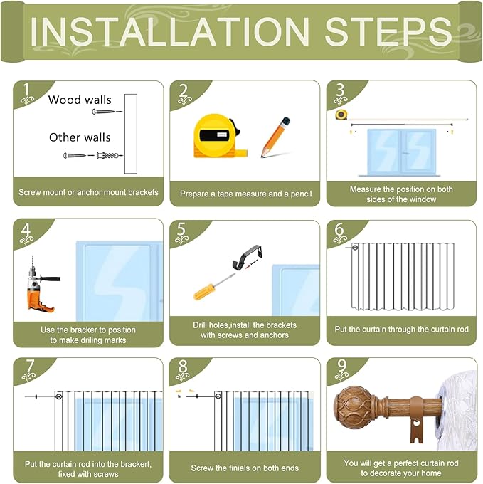 Wood Boho Curtain Rods for Windows:36-88Inch Wooden Farmhouse Curtain Rod for Bedroom Living Room,Heavy Duty Adjustable Rustic Decorative Drapery Rods with Vintage Imitation Wood Finial,Brown