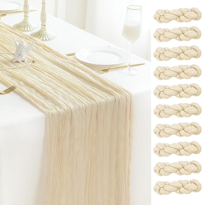 Sioloc 10 Pack Beige Cheesecloth Table Runner Fall Autumn Decor for Home 10ft Table Cloth for Tea Wedding Birthday Party Baby Bridal Shower Halloween Thanksgiving