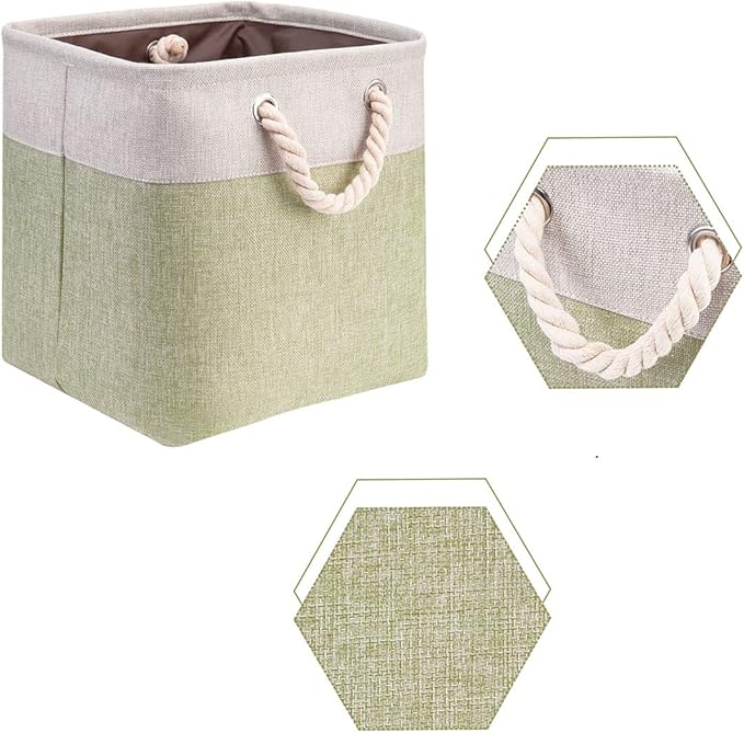i BKGOO 3Pack Large Foldable Storage Bins，Collapsible Sturdy Cationic Fabric Organizing Storage Basket Cube with Cotton Handles for Home Office Shelf Clothes Toys Beige-Green 13×13×13 inch