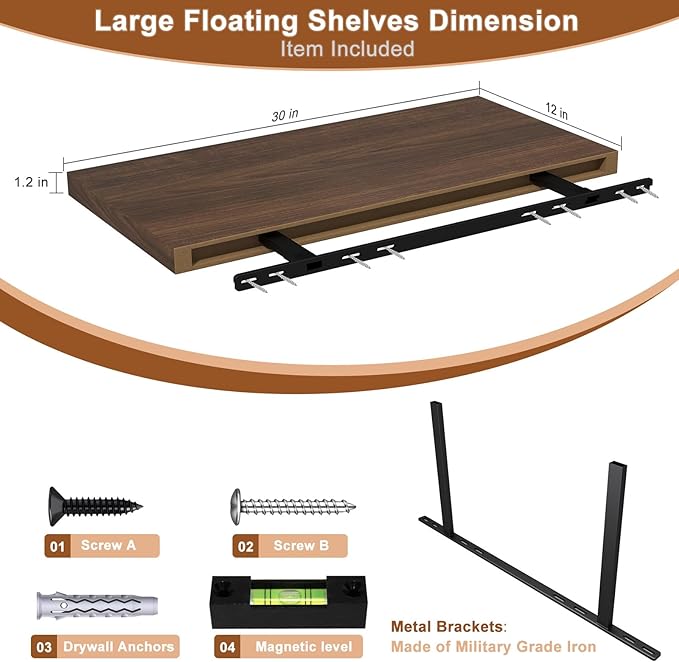 12 Inch Deep Floating Shelves for Wall 3 Pack Floating Shelves Large Storage Space Wall Mount Shelf for Living Room Kitchen Bathroom 30" W x 12" D x 1.2" H Walnut