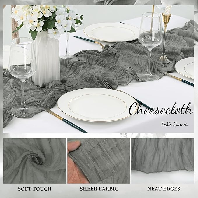 20 Pack Gray 10FT Cheesecloth Table Runner Rustic Gauze Fabric Cheese Cloth Table Runner for Wedding Bridal Baby Shower Table Decor 20 x 120 Inch Long Boho Sheer Birthday Party Table Decorations