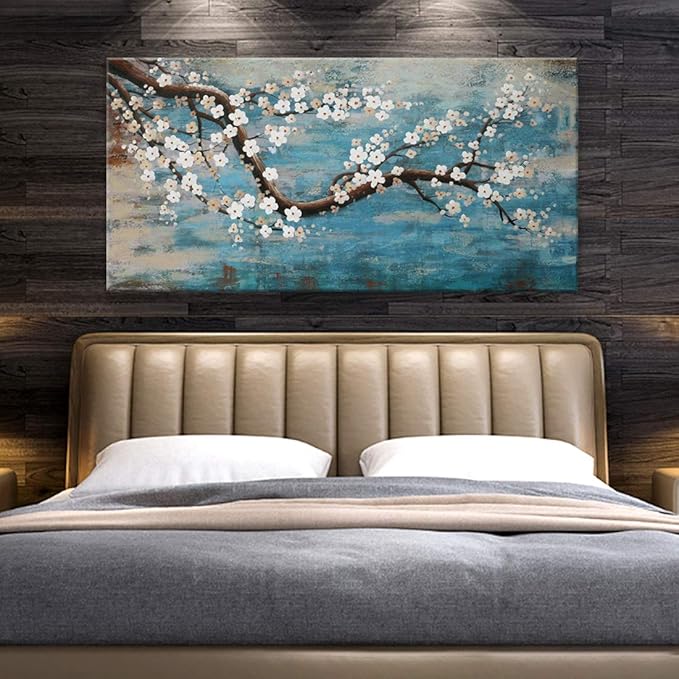 Huge Wall Art for Living Room 100% Hand-Painted Flower Oil Painting On Canvas Gallery Wrapped Floral Plum Blossom Artwork for Bedroom Office Decor One Panel 60x30inch Extra Large