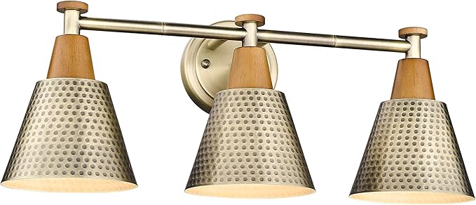 FEMILA Antique Brass Bathroom Vanity Light, 3-Lights Industrial Modern Wall Sconce Bathroom Lighting, Hammered Metal Shade Finish, 4FG59B-3W BG