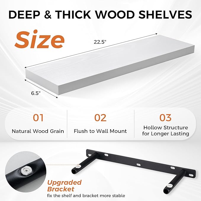 Fun Memories Floating Shelves for Wall, 22.5" Rustic Wood Deep Wall Mounted Shelves with Invisible Brackets for Decor & Storage, Floating Shelf for Living Room, Bathroom (White, Set of 2)