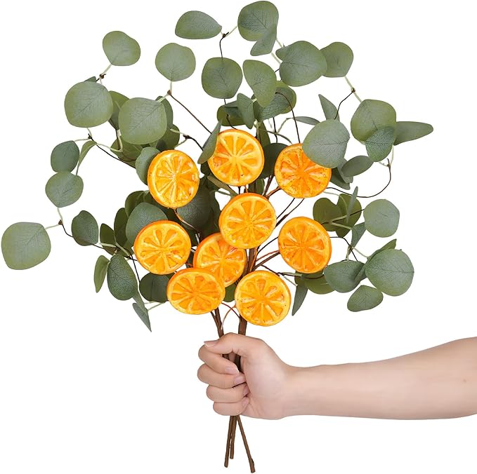 Eucalyptus Stems, 4PCS Artificial Lemon Stems Faux Citrus Branches Plastic Decor for Kitchen, Table Centerpieces, Entryway, Thanksgiving Wedding Party (Green)