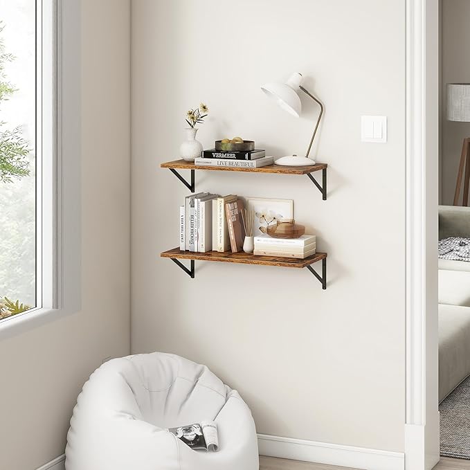 Fun Memories 27.5" W x12 D Floating Shelves, Large Wall Shelves 27.5 Inch Long, Set of 2, Farmhouse Wood Floating Shelf Wall Mounted, Deep Shelves for Bathroom, Living Room, Kitchen, Rustic Brown