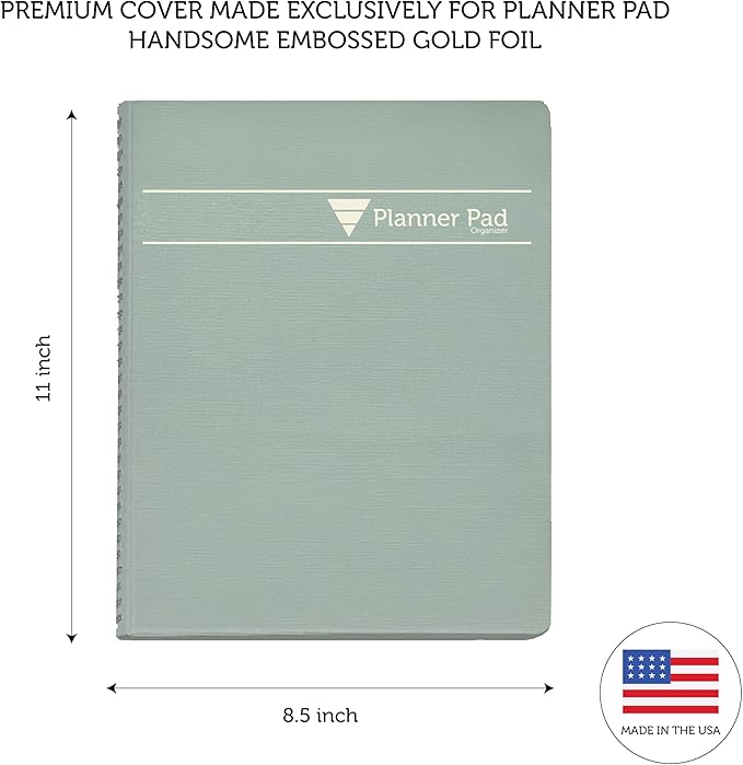 Planner Pad Spiral Bound 3-Tier Funnel Down 12 Month Organizer, July 2025 – June 2026 / Academic Year, Greenish Grey Cover/Soft Green Ink, 8 1/2" x 11"