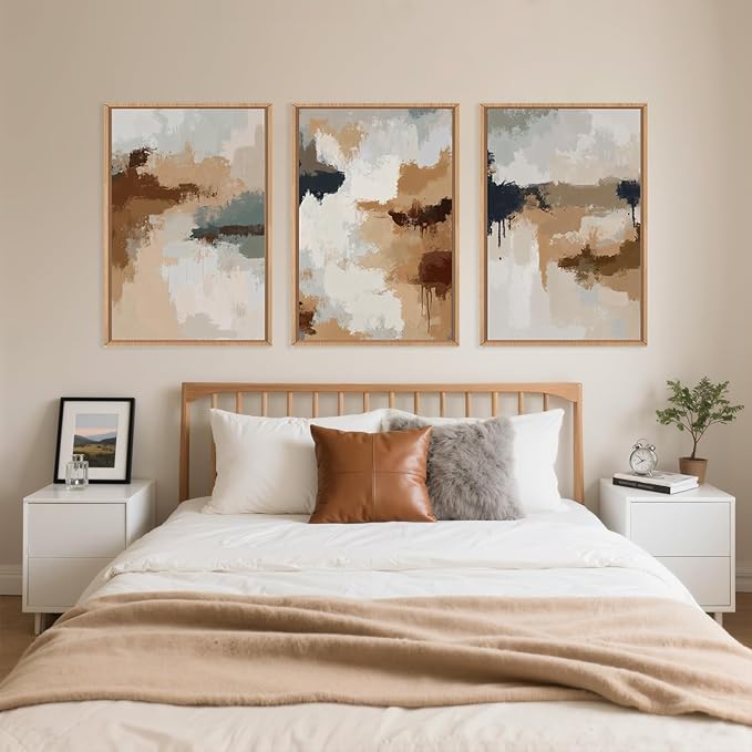 LHIUEM Large Abstract Brown Grey Framed Canvas Wall Art,Neutral Brush Stroke Pastel Wall Decor,Modern Color Block Wall Painting,Minimalist Artwork for Living Room,Bedroom,Dining Room,Office -16"x24"x3