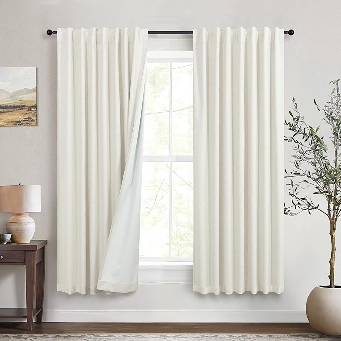 Neutral Rustic Nursery Blackout Curtains for Bedroom 58 Inches Long Cream Ivory Insulated Thermal Curtains for Summer Heat Blocking Linen Custom Drapes Back Tab Pleated Industrial Farmhouse 58 Length