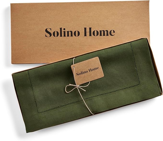 Solino Home Linen Olive Table Runner 120 Inches Long - 100% Pure Linen Hemstitch 14 x 120 Inch Table Runner for Dining, Fall, Autumn, Thanksgiving - Classic Hemstitch