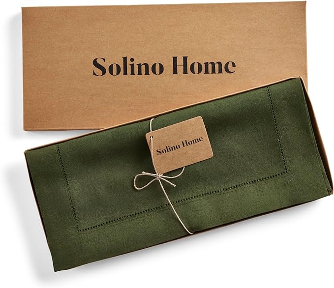 Solino Home Linen Table Runner 36 Inches - 100% Pure Linen Olive Hemstitch Table Runner 14 x 36 Inch Ideal for Dresser and Coffee Tables - Classic Hemstitch - Thanksgiving