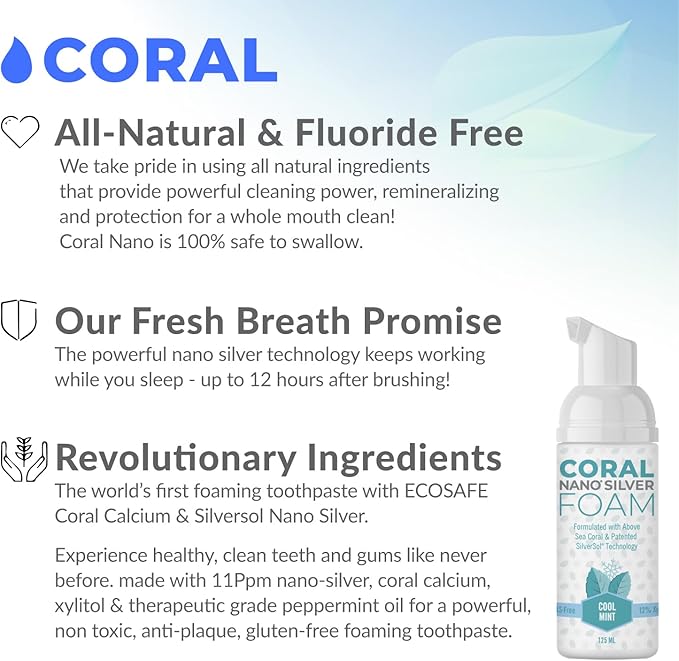 Coral Nano Silver Foaming Toothpaste, Natural Fluoride Free Toothpaste, SLS and Glycerin Free, Cool Mint, 4 Ounce