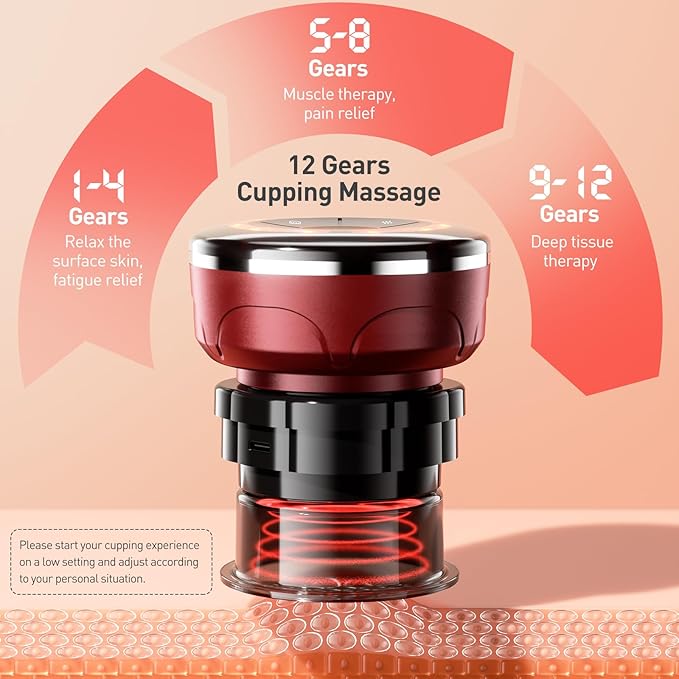 UBALANCE Smart Cupping Therapy Set - Cellulite Massager with 6 Massage Cups, Portable Electric Device for Enhanced Blood Circulation, Reduced Cellulite, and Muscle Soreness Relief（Red）