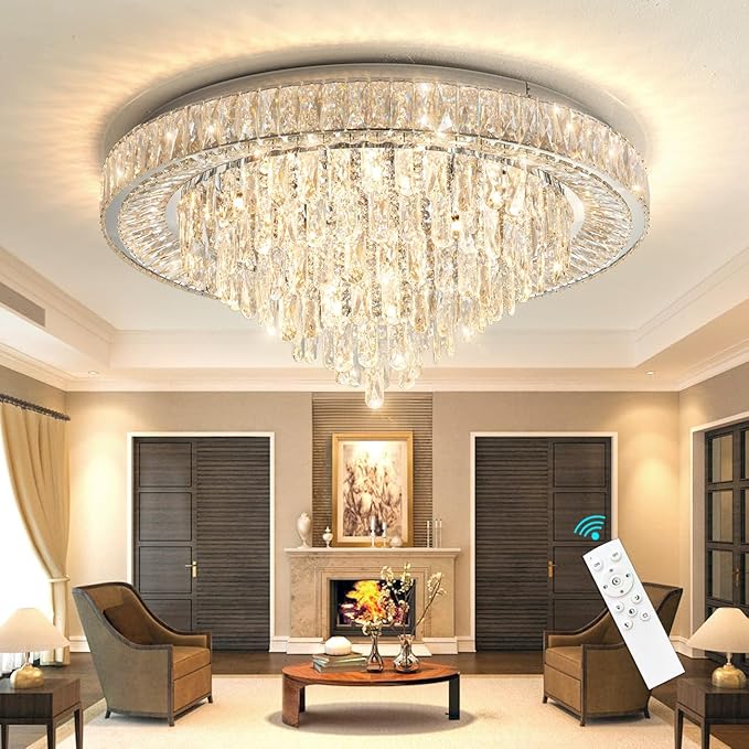 Modern Chandeliers for Living Room Crystal Ceiling Light Fixture LED Dimmable Lamp with Remote Pendant Lighting Flush Mount Ceiling Lighting for Dining Room Bedrooms