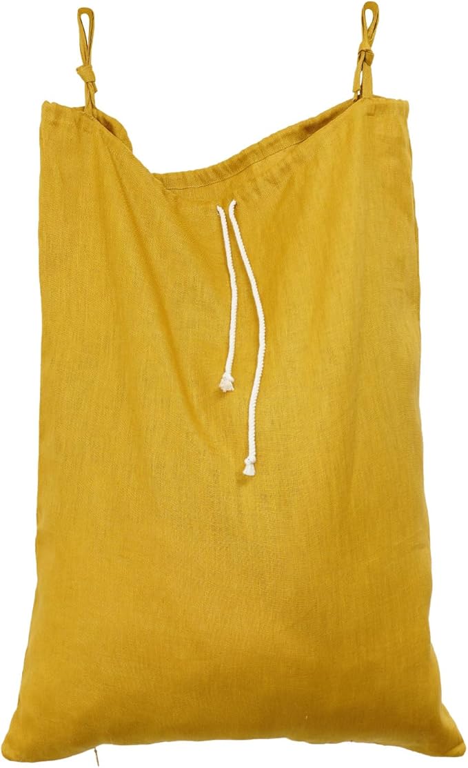 Linen Hanging Laundry Bag, Over The Door Laundry Hamper for Dirty Clothes, Drawstring Closure with Bottom Zipper, Turmeric