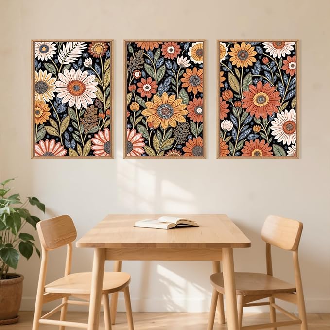 LHIUEM Large Abstract Boho Flower Framed Canvas Wall Art Set,Vintage Colorful Floral Wall Decor,Retro Wildfower Plant Painting,Botanical Artwork for Living Room,Bedroom,Dining Room,Office -16"x24"x3
