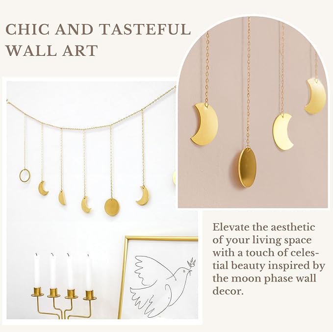 Mkono Moon Phase Wall Hanging Boho Aesthetic Room Decor Metal Moons Garland Hanging Art Bohemian Home Decoration for Girls Room Nursery Bedroom Livingroom Dorm, Ideal, Gold, 50"