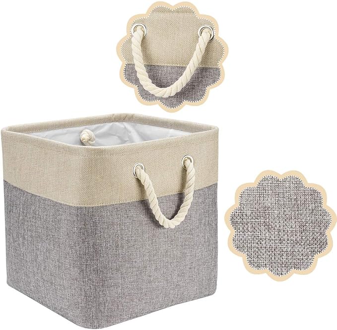 i BKGOO 3Pack Large Foldable Storage Bins，Collapsible Sturdy Cationic Fabric Organizing Storage Basket Cube with Cotton Handles for Home Office Shelf Clothes Toys Khaki-Grey 13×13×13 inch