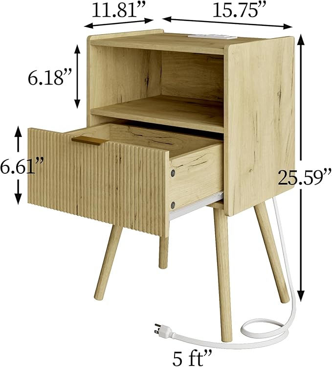 Nightstand,Modern Bedside Table with Storage Drawer and Open Wood Shelf, Accent Night Stand with Solid Wood Legs for Living Room, Bedroom and Small Spaces,Easy Assembly (Yellow Oak-Outlet)