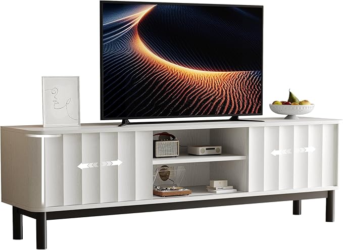 White Mid Century Modern TV Stand, Wood Fluted Living Room TV Stands with Storage Sliding Doors, Desert-Inspired Design MCM Entertainment Center for 55 60 65 70 75 55+ 60+ 65+ 70+ Inch