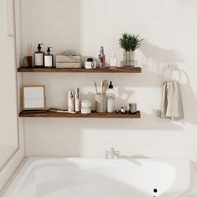 Floating Shelves for Wall, 40 Inch Floating Shelves for Home Decor, Wall Mounted Rustic Wood Shelves, Bathroom, Hanging Deep Shelf for Bedroom, Living Room, Kitchen (Rustic Brown, Set of 2)