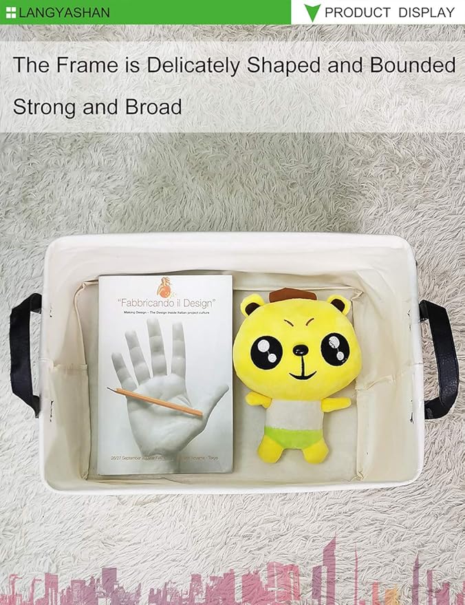 LANGYASHAN Rectangular Storage Bin Collapse Canvas Fabric Cartoon Storage Basket with Handles for Organizing Home Kitchen Boys and Girls Toys Office Closet Shelf Baskets (REC Elephant)