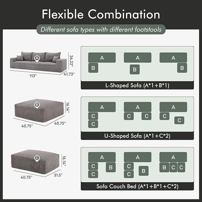 Boneless Sectional Cloud Couch Sofa Bed for Living Room, 112" Modular Modern Lounge 3 Seater Sleeper Grey Couches with Chaise, No Assemble, Cordury Compression Upholstered Sofas