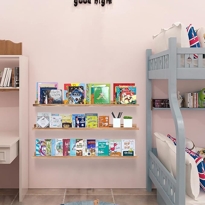 AZSKY Picture Ledge Shelf Wall Ledge Floating Shelves for Photo Frames Kids Book Shelves Wall Mounted Burnt Wall Display Shelf Wooden Frame Ledge 48 Inches Set of 3 Bathroom Organizer Shelves