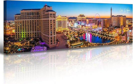 Las Vegas Skyline Wall Art Cityscape Canvas Prints City Modern Building Posters Bellagio Fountain Skyscraper Night View Panoramic Pictures for Home Office Living Room Decor Framed 13.8"x45.3"