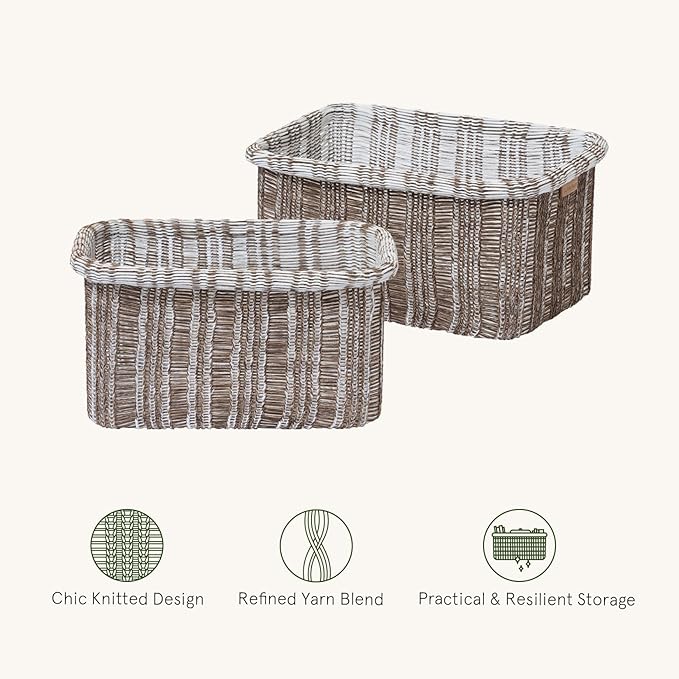 La Jolie Maison Blended Fabric Storage Baskets Set of 2, Rectangle Knitted Baskets for Organizing, Boho Decorative Baskets, Unique Design, Durable Finish, Mocha