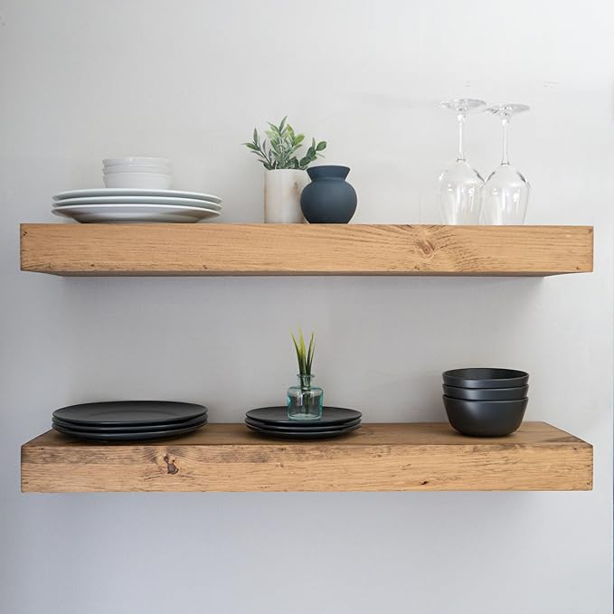Modern Floating Shelves 3 Inches Thick for Wall, Wide Shelves for Kitchen, Living Room, Bedroom, and Bathroom, Natural Pine Wood, Rustic Wooden Shelf, (Set of 2) (Aged Oak, 60Lx3Hx8D)