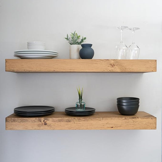 Modern Floating Shelves 3 Inches Thick for Wall, Wide Shelves for Kitchen, Living Room, Bedroom, and Bathroom, Natural Pine Wood, Rustic Wooden Shelf, (Set of 2) (Aged Oak, 36Lx3Hx8D)
