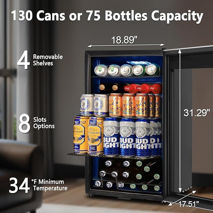 Tylza 130 Can Beverage Refrigerator Cooler, 3.22 Cu.Ft Beverage Cooler with Low-E Glass Door, Safety Lock, Beverage Fridge for Soda, Beer, Wine, Mini Fridge for Home, Office, Bar, Bedroom, Silver