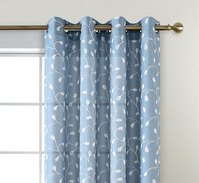 MIUCO Floral Embroidery Semi Sheer Curtains Faux Linen Grommet Curtains for Bedroom 52 x 63 Inch 2 Panels, Dusty Blue