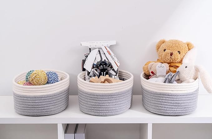Baskets for Shelf Storage Cute Basket to Store and Organize Household Items/Woven Rope Basket for Living Room, Bedroom,Playroom/Durable Small Oval-13x8.66x5.11’’,3 Packs Off White&Gray