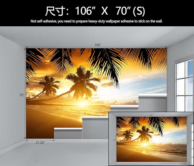 WFBHUA-Tropical Beach Wallpaper Dusk Waves Palm Tree Leaf Coconut Tree Wall Mural for Living Room Bedroom (Not Peel and Stick)