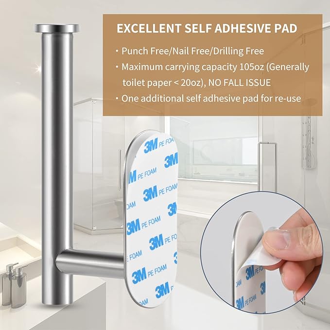 Toilet Paper Holder,Brushed Nickel,Wall Mount, Upgraded Adhesive Toilet Roll Holder,no Drilling,Bathroom/Rv/Washroom,SUS 304 Stainless Steel,Rustproof (Silver, 2 Pieces)