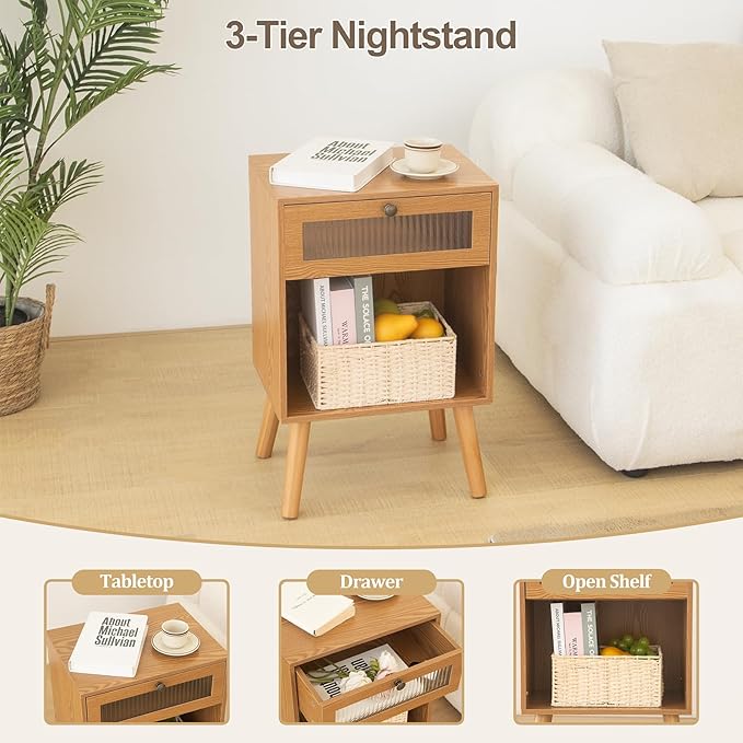 AWASEN Mid Century Nightstand, Bedside Table with Glass Storage Drawer and Large Open Shelf, Modern Night Stand Side End Table with Solid Legs for Bedroom, and Small Space, Brown
